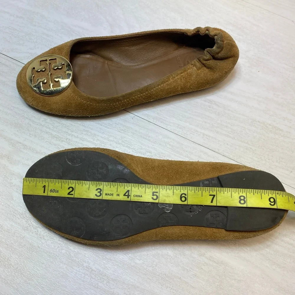 Tory Burch Womens 6.5M Reva Ballet Flats Logo Medallion Tan Brown Suede Leather